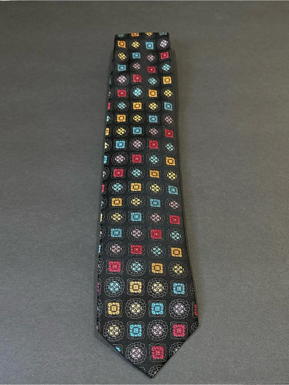 VTG 1990-2000s Dona Black/Multi Color  Silk Geometric Texture Medallion Necktie